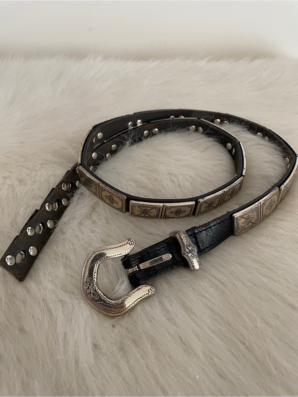 Vintage Brighton 1996 silver talvera tile and black leather belt